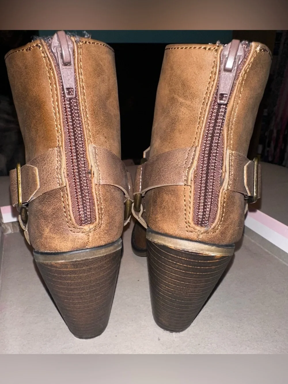 Candie’s Cognac Brown Ankle Booties with Decorative Ring and Chain - Picture 6 of 9